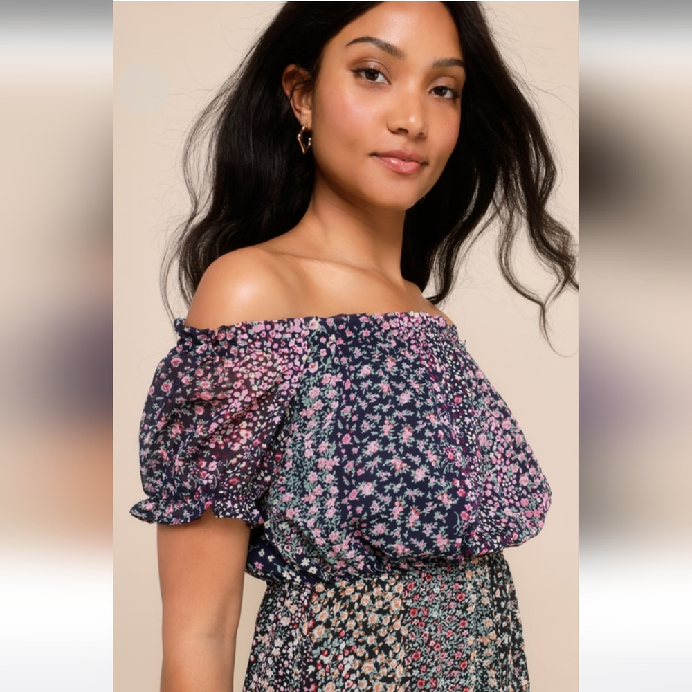 Lulus Neva Navy Blue Floral Print Off-the-Shoulder Maxi Dress Mini-Lined MED NWT - Picture 2 of 11